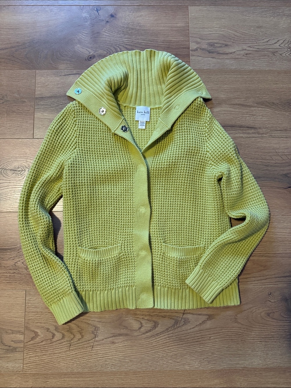 Kate Hill Lime Green Button-Up Knit Cardigan with Stand Collar